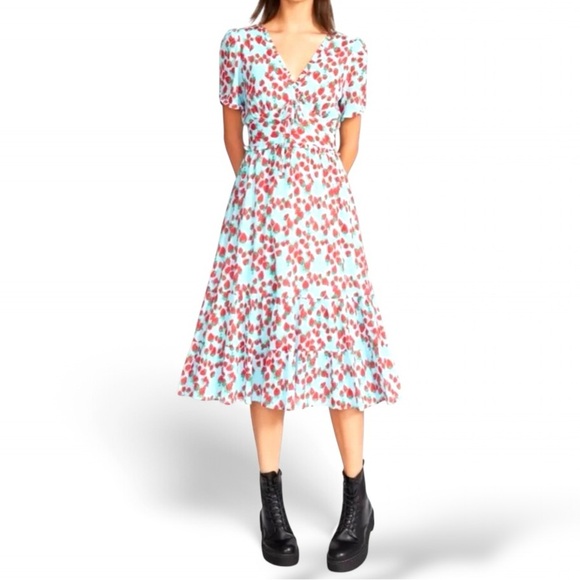 Betsey Johnson Light Blue Red Strawberry Vintage inspo Midi Dress extra small - Picture 2 of 15